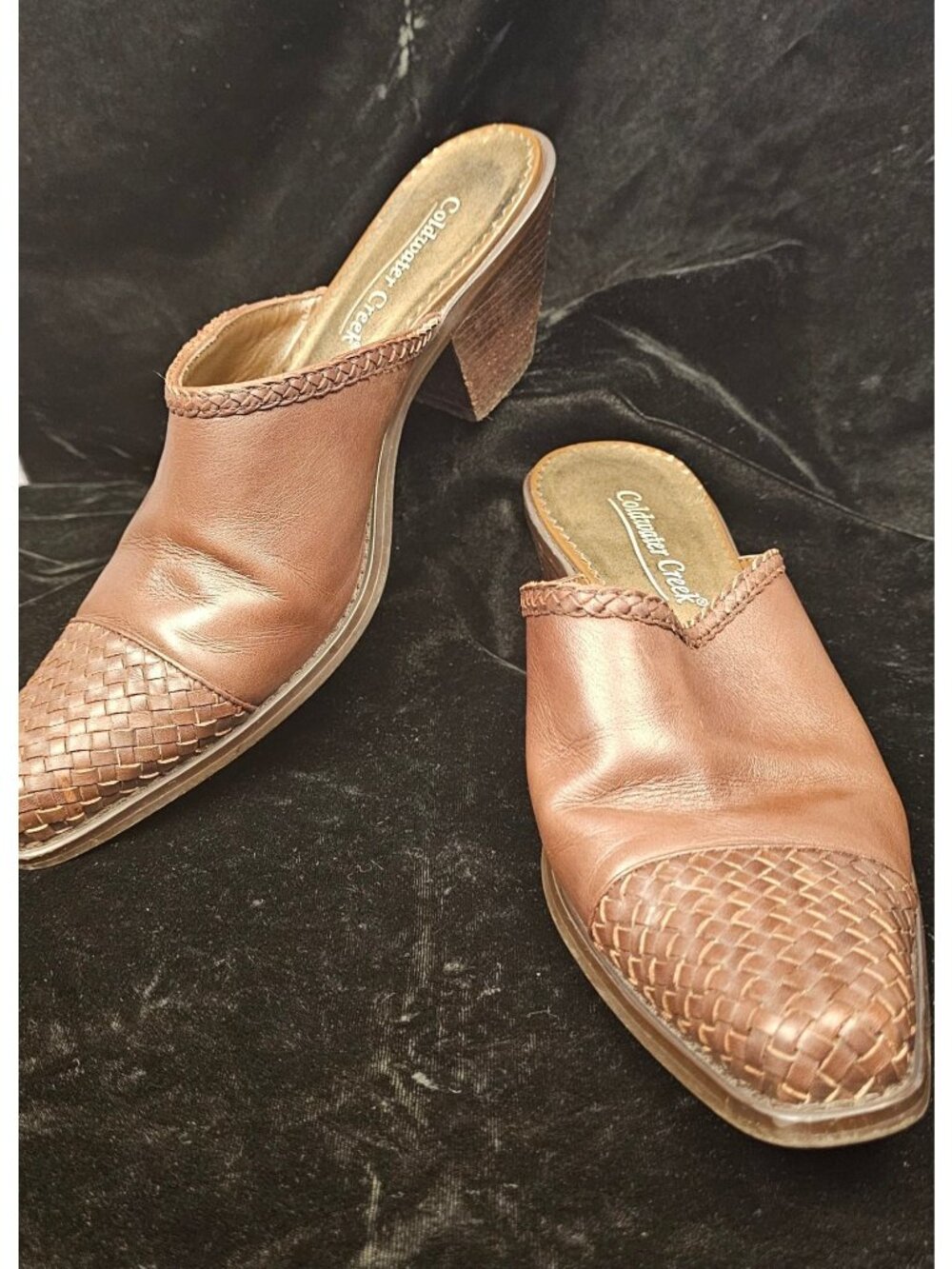 Coldwater Creek Womens Brown Leather Woven Toe Block Heel Slip-On Mules Size 8M